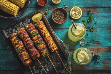 Vibrant Barbecue Feast - Grilled Kebabs and Corn on a Rustic Turquoise Wooden Table.
