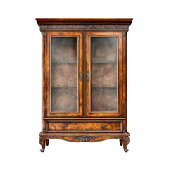 Intricate wooden cabinet with glass doors and decorative trim
