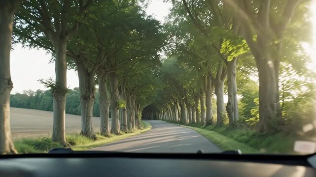 POV drive along a tree lined countryside road, seen through the front windshield as tall trees form a green tunnel, soft afternoon sunlight flickers through leaves, road curving gently, calm travel