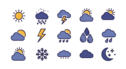 Weather Icon Collection – 16 Stylized Symbols Representing Forecast Conditions in Grid Layout