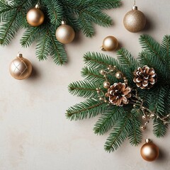 Golden Christmas Ornaments .Minimalist Christmas composition with natural evergreen fir branches decorated with matte and glittering gold baubles. 