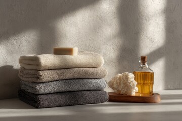Serene Spa Still Life - Folded Towels, Soap, and Oil.