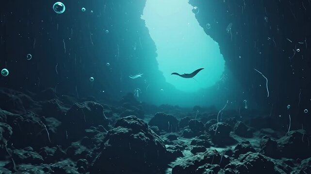Deep ocean trench scene with camera gliding slowly above a rocky seafloor, a distant manta ray drifting through a bright blue light shaft, bubbles and plankton floating in the dark moody water