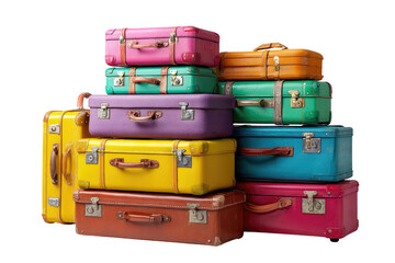 Stacked vintage suitcases, diverse hues, ready for adventure