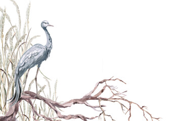 A rectangular frame with a gray crane on a gnarled tree. Isolated watercolor illustration for interior design, eco-projects, travel agency websites and brochures, and apparel printing.