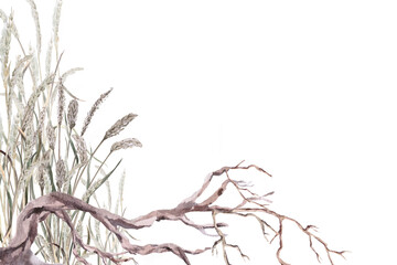 A rectangular frame with a horizontal tree in tall grass. Isolated watercolor illustration for interior design, eco-projects, travel agency websites and brochures, and apparel printing.