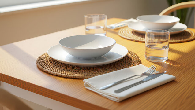 Minimalist dining table set for two with plates, cutlery, and water glasses