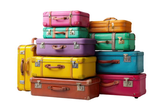 Stacked vintage suitcases, diverse hues, ready for adventure