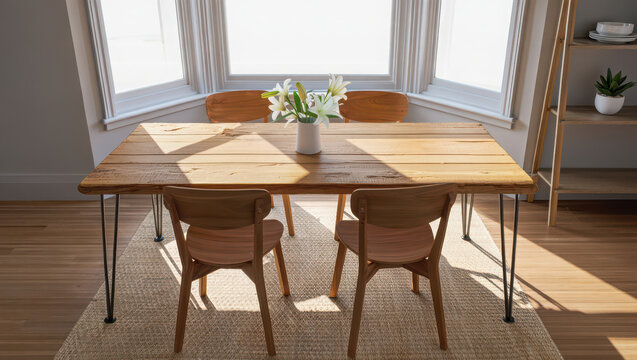 Cozy modern dining room with rustic wooden table, chairs, and white lilies by window