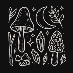Mystical Mushrooms and Crystals Doodle Set, Vector Mushroom Illustration