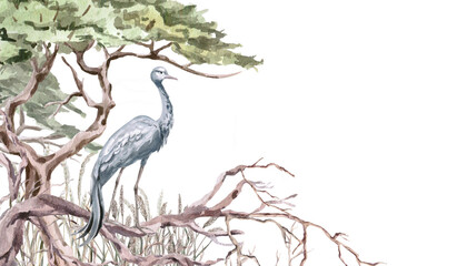 A rectangular frame with a gray crane under a tree crown. Isolated watercolor illustration for interior design, eco-projects, travel agency websites and brochures, and apparel printing.