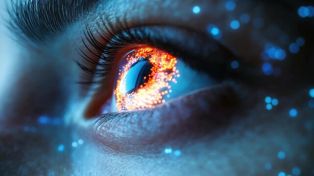 Close-up of a human eye with vibrant reflections and glowing particles in a dark background at night