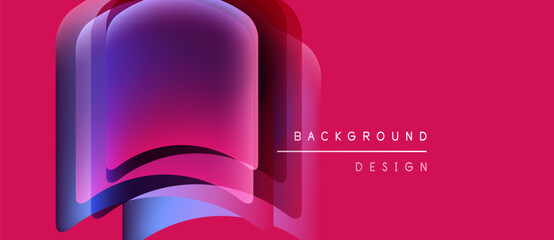 Abstract design features layered shapes, vibrant purple hues, pink backdrop. Text reads background design. Modern, minimalist aesthetic.