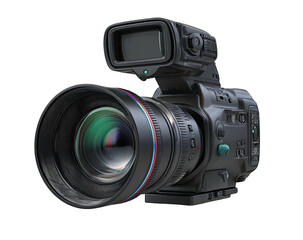 Large format camera, focus on lens, sleek, black, detailed hardware