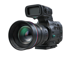 Large format camera, focus on lens, sleek, black, detailed hardware