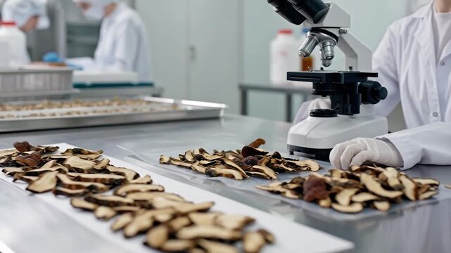 Modern herbal medicine laboratory where technicians process ganoderma slices, stainless steel table, drying trays, microscope inspection, selective focus with soft background, suitable for supplement