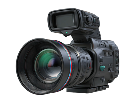 Large format camera, focus on lens, sleek, black, detailed hardware