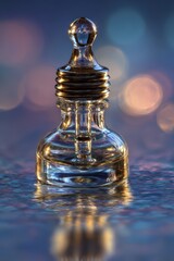 Elegant Glass Bottle with Stopper on Reflective Surface, Bokeh Background.
