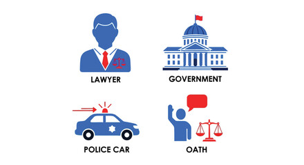 Vector illustration of lawyer, government, police car, and oath icons