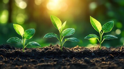 Young green plants emerging from rich soil with sunlight filtering through trees in a vibrant forest setting