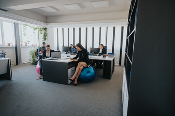Modern office environment featuring professionals working at desks and using exercise balls.