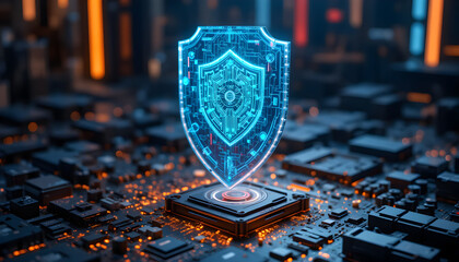 A vibrant digital rendering showcases a glowing blue shield hovering above a circuit board, symbolizing cybersecurity and data protection in a technologically advanced environment