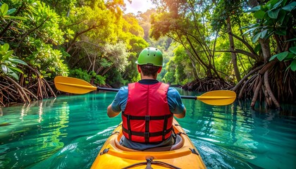 Solo kayaker gliding through dense mangrove tunnels over crystal-clear water, serene exploration, and vibrant eco-tourism atmosphere