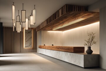 Elegant Modern Hotel Lobby with Unique Rectangular Pendant Lights and Warm Ambient Lighting.