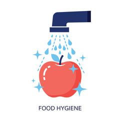 Vector illustration of food hygiene concept apple being washed under a tap