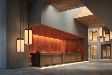 Architectural Serenity - A Modern Hotel Lobby with Warm Wood and Geometric Lanterns.