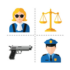 Vector illustration of law and justice icons judge, scales, gun, and police officer