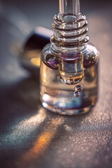 Close-up of a Glass Diffuser with Liquid and Reflections.