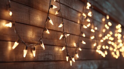 Warm, glowing fairy lights adorn a wooden wall, the soft illumination creating a cozy and festive atmosphere. Focus is on detail