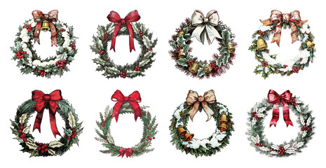 PNG Vintage Christmas wreath illustrations collection, element set on transparent background