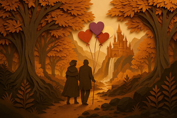 - Couple walking with heart balloons in autumn forest toward castle