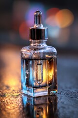 Elegant Clear Glass Dropper Bottle with Bokeh Lights Background.