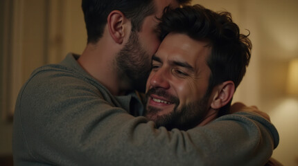Two men embracing each other while smiling indoors in warm lighting  