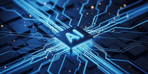 Glowing AI chip shows complex connection network and artificial intelligence capabilities in future technology