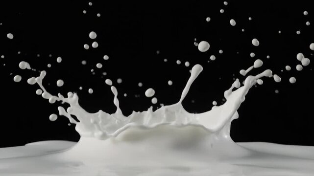 "Dynamic milk splash captured against a deep black screen background, symbolizing purity, freshness, and motion."