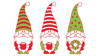 Three cartoon gnomes with hats and beards holding mugs and a wreath
