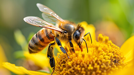 Fototapeta premium Close-up of a honey bee collecting nectar from a yellow flower