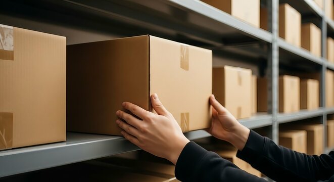 Hands placing a cardboard box onto a shelf in a warehouse