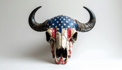 Buffalo skull painted with American flag, white backdrop fusion…