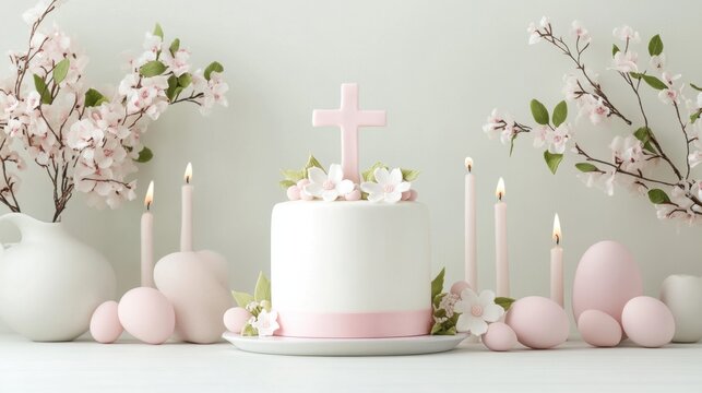 Elegant Baptism Cake Display with Cherry Blossoms and Soft Pastel Decor for Celebrations