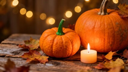 Two pumpkins and a lit candle on a wooden table with autumn leaves and bokeh lights in the background