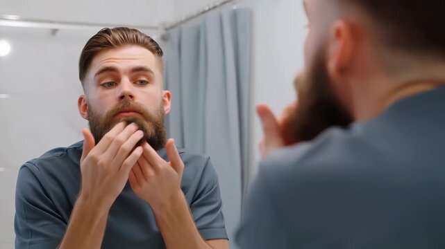 Young man in bathroom grooming his long beard in front of mirror, part of a stylish morning self care routine focused on facial hair styling, cleanliness and confidence
