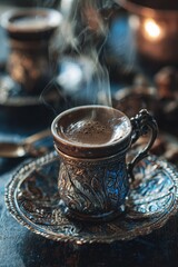Steaming Turkish Coffee in Ornate Silver Cup and Saucer, Warm Light.
