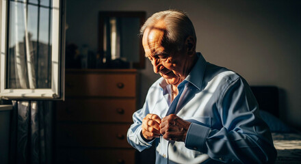 Senior Man Buttoning Shirt