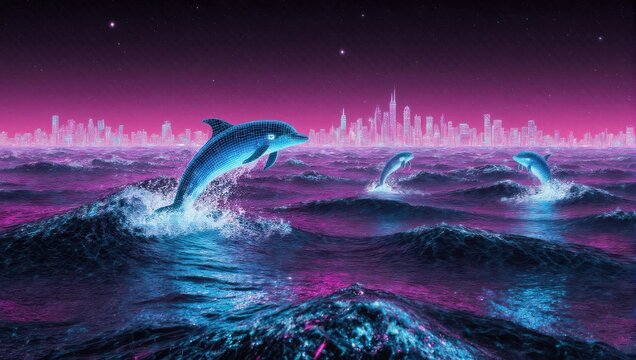 Dolphins leaping from ocean waves with a futuristic city skyline at sunset.