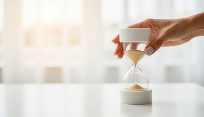Hand holding white hourglass with flowing sand on light background  
